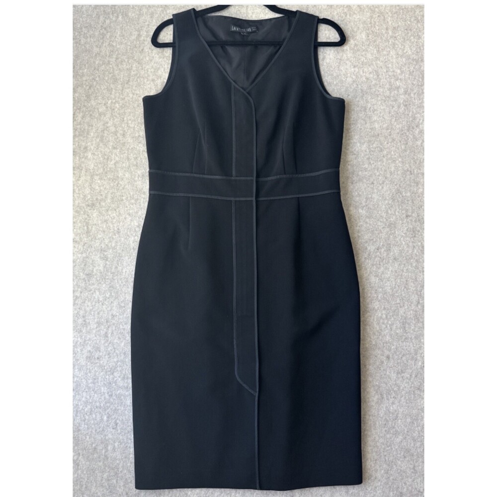 Lafayette 148 New York Sheath Dress Womens 8 Black Sleeveless V Neck Stretch